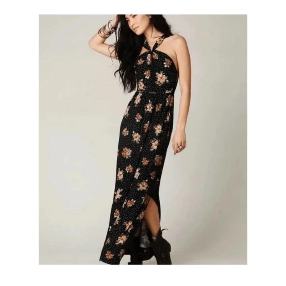 Free People Vintage Boho Black Floral Jersey Dress Slit Size L Large Maxi Halter